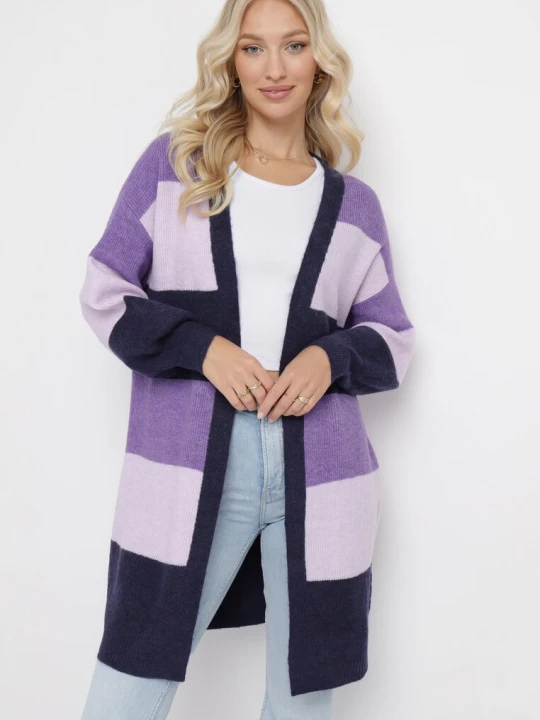 Zdjęcie produktu Fioletowy Długi Kardigan w Paski Amonta M&d Fashion