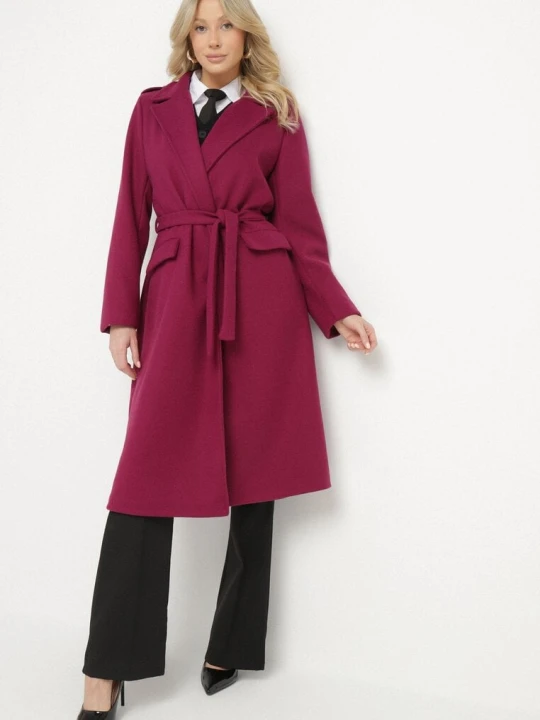 Zdjęcie produktu Fioletowy Długi Płaszcz Taliowany z Wiązanym Paskiem Seraphette New Collection