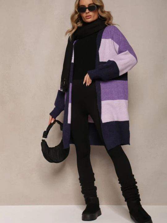 Zdjęcie produktu Fioletowy Luźny Kardigan Niezapinany w Paski Blikoze M&d Fashion