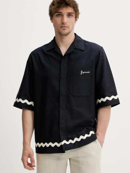 Zdjęcie produktu Fiorucci koszula bawełniana Wave Trim Logo Embroidered Bowling Shirt granatowy