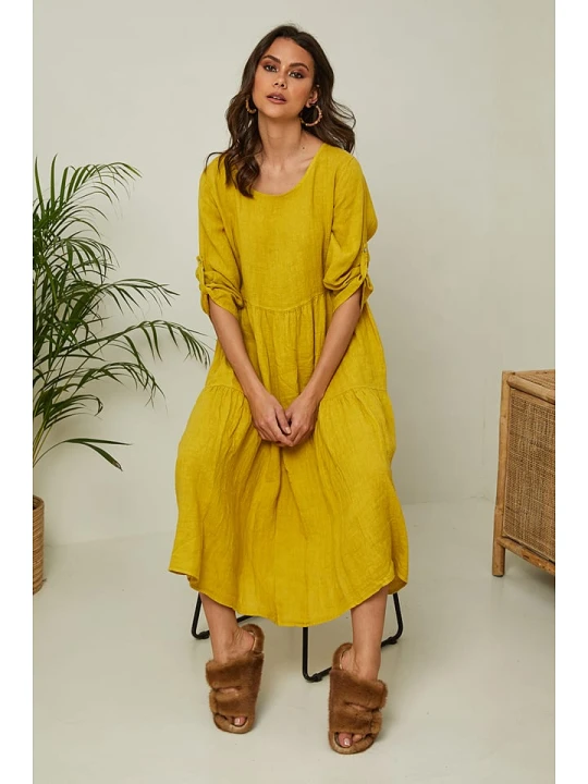 Zdjęcie produktu Fleur de Lin Lniana sukienka "Lantana" w kolorze żółtym rozmiar: XL