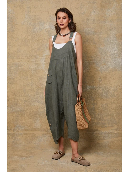 Zdjęcie produktu Fleur de Lin Lniane ogrodniczki "Bridget" w kolorze khaki rozmiar: M