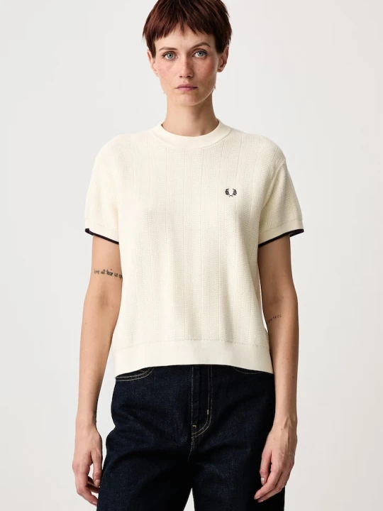 Zdjęcie produktu Fred Perry sweter z krótkim rękawem damski bawełniany beżowy