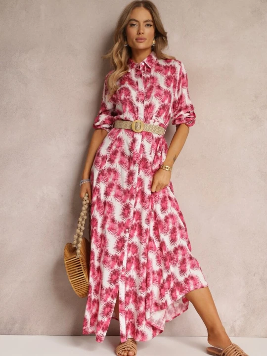 Zdjęcie produktu Fuksjowa Koszulowa Sukienka Maxi z Guzikami i Podpinanymi Rękawami Jaye Rosa Różowy