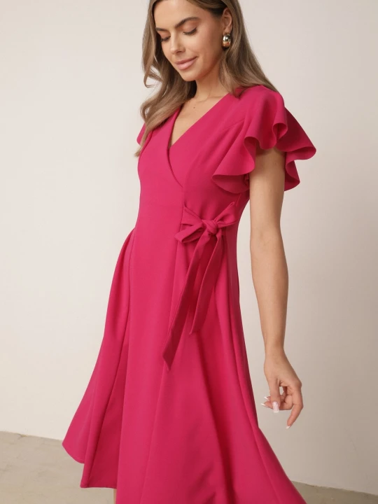 Zdjęcie produktu Fuksjowa Rozkloszowana Sukienka Kopertowa z Wiązaniem w Talii Dannila New Collection Różowy