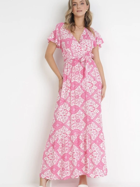 Zdjęcie produktu Fuksjowa Rozkloszowana Sukienka Maxi z Wiązanym Paskiem Aziza Rosa Różowy