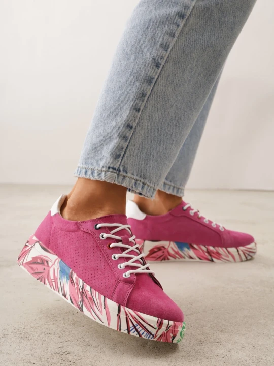 Zdjęcie produktu Fuksjowe Skórzane Sneakersy na Plaformie w Pióra z Perforacją Tidessa Goodin Różowy