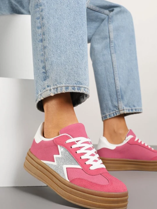 Zdjęcie produktu Fuksjowe Sneakersy w Stylu Tenisówek Ozdobione Geometrycznym Wzorem Tolivanna Be.Sport Różowy