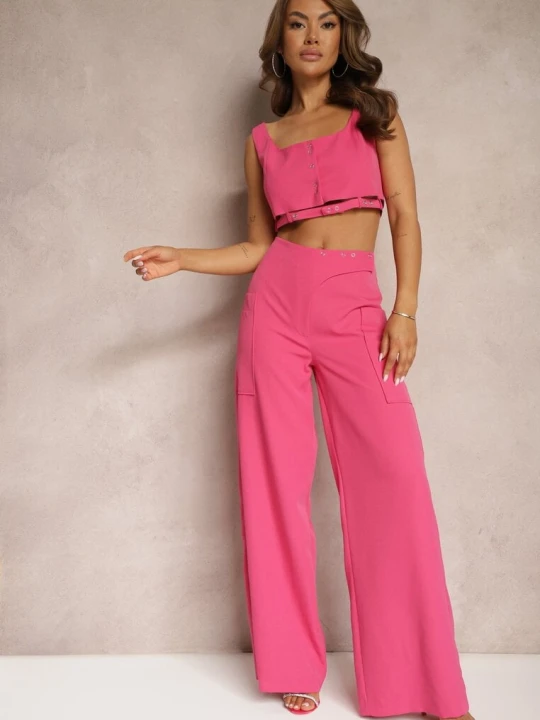 Zdjęcie produktu Fuksjowe Spodnie z Szerokimi Nogawkami High Waist Nestajoan Lefon Różowy