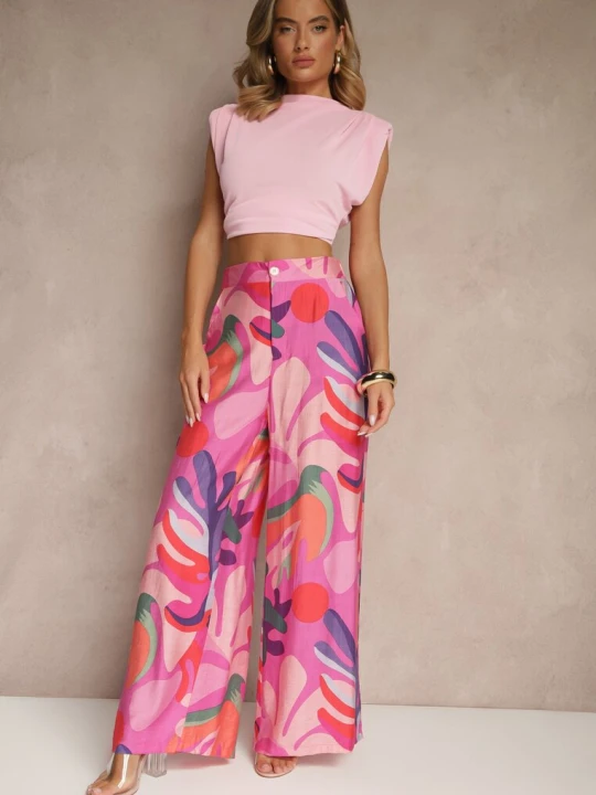 Zdjęcie produktu Fuksjowe Spodnie z Wiskozy o Szerokim Kroju High Waist ze Wzorem Liści Ralimia Rosa Różowy