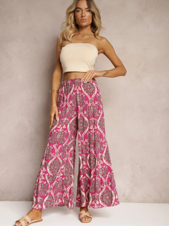 Zdjęcie produktu Fuksjowe Spodnie z Wiskozy z Szerokimi Nogawkami High Waist Wykończone Gumką w Talii Risettasmi Cflo Różowy