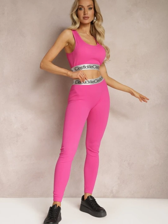 Zdjęcie produktu Fuksjowe Sportowe Legginsy Elastyczne z Ozdobną Szeroką Gumą w Pasie Larnode Elsa.m By May Fuksjowy