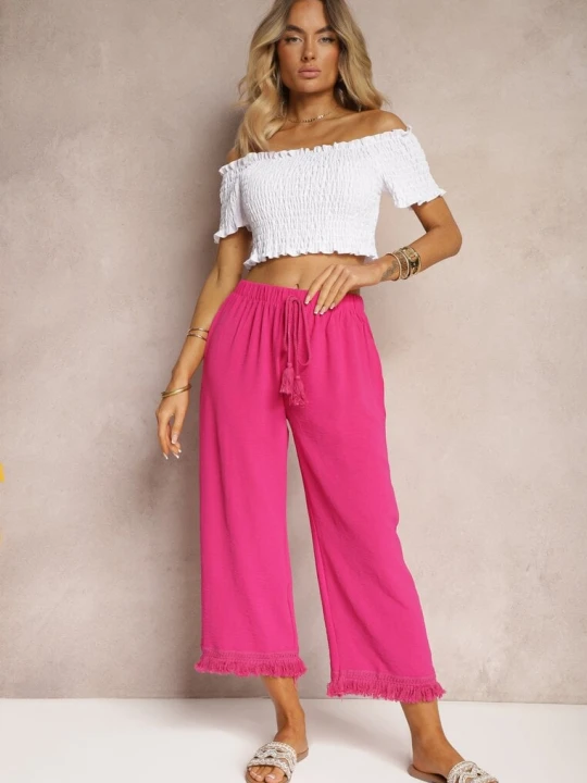Zdjęcie produktu Fuksjowe Szerokie Spodnie High Waist z Gumką w Pasie Jolfea Cflo Fuksjowy