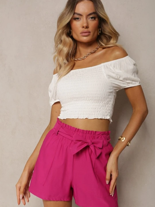 Zdjęcie produktu Fuksjowe Szorty Bermudy High Waist z Dodatkiem Bawełny Wiązane w Pasie Quisevia H&s Różowy