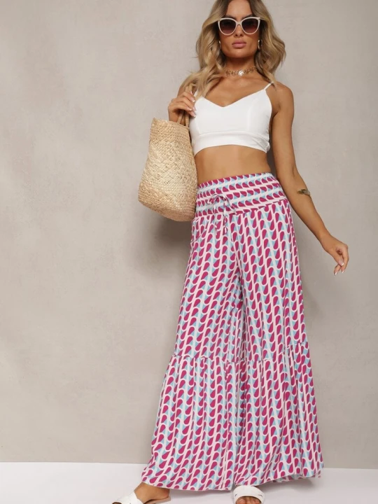 Zdjęcie produktu Fuksjowo-Białe Spodnie z Wiskozy High Waist Typu Palazzo z Gumką w Talii Tiimacella Cflo Różowy