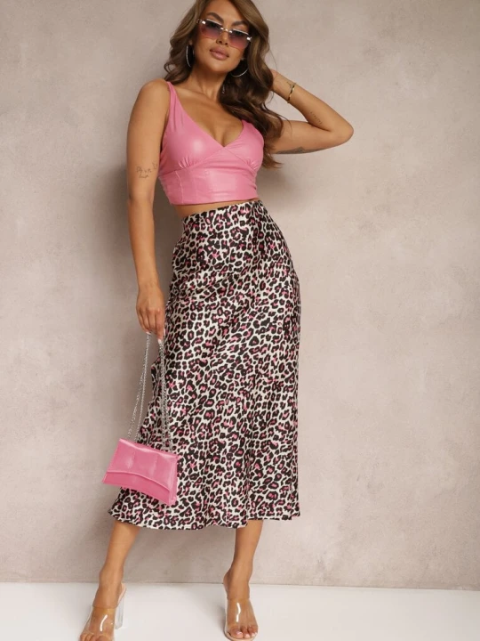 Zdjęcie produktu Fuksjowo-Czarna Spódnica High Waist ze Zwierzęcym Printem i Gumką w Talii Dimella Rosa Różowy