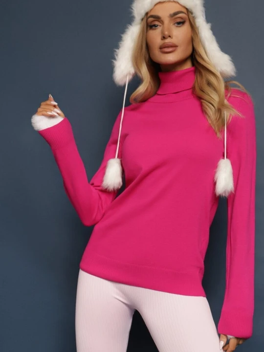 Zdjęcie produktu Fuksjowy Klasyczny Golf ze Ściągaczami przy Rękawach Felinia Miss Poem Różowy