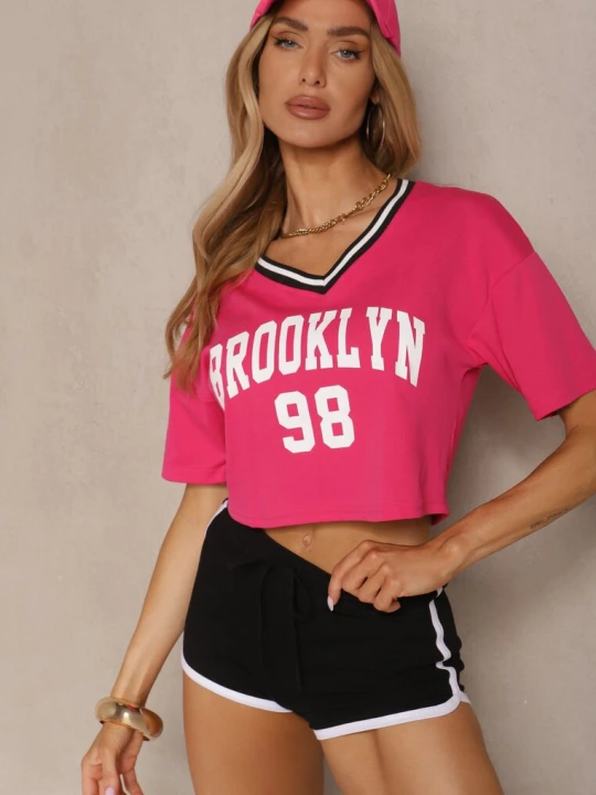 Zdjęcie produktu Fuksjowy T-shirt z Bawełny Ozdobiony Napisem Lireline H&s