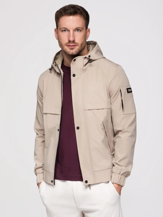 Zdjęcie produktu Funkcjonalna męska kurtka przejściowa z kapturem – beżowa V3 - Rozmiar: S Ombre Clothing