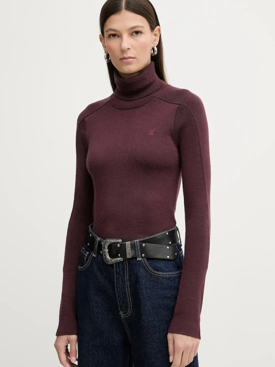 Zdjęcie produktu G-Star sweter wełniany Core turtle slim knit bordowy