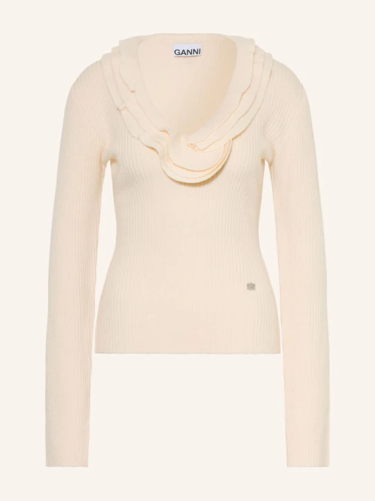 Zdjęcie produktu Ganni Sweter Z Wełną Merynosową I Falbanami beige ECRU