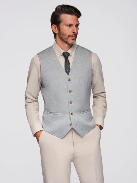 Zdjęcie produktu Garniturowa żakardowa męska kamizelka bez klap - jasnoszara V1 Ombre Clothing szary