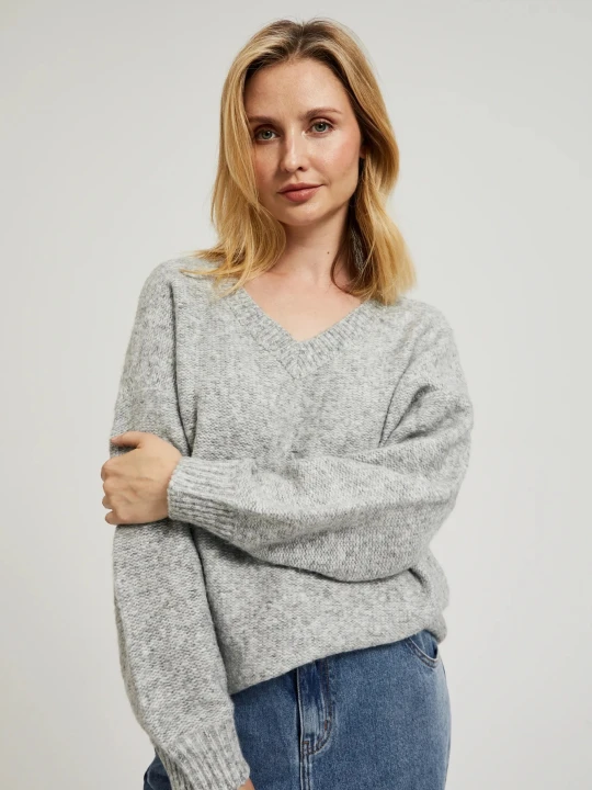Zdjęcie produktu Gładki sweter z dekoltem w serek i ściągaczem szary Moodo