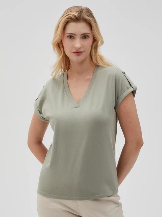 Zdjęcie produktu Gładki t-shirt z dekoltem w serek oliwkowy Moodo