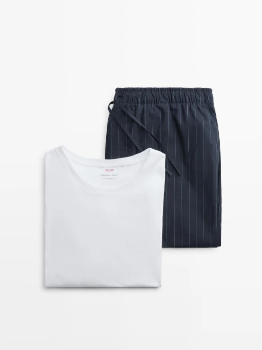 Zdjęcie produktu Góra Od Piżamy Z Krótkim Rękawem I Spodnie W Paski - Granatowy - - Massimo Dutti - Mężczyzna