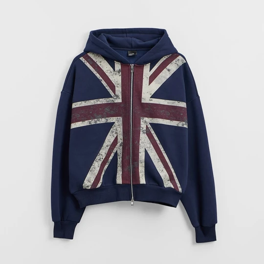 Zdjęcie produktu Granatowa bluza rozpinana z kapturem i flagą UK House