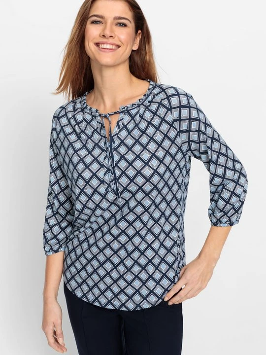 Zdjęcie produktu TENCEL™ Granatowa bluzka damska Hannah z geometrycznym wzorem - Coast Vibes Olsen