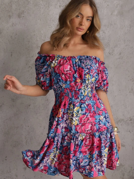 Zdjęcie produktu Granatowa Rozkloszowana Sukienka Mini z Gumkami w Pasie i Krótkimi Rękawami z Wiskozy Merrelle Cflo