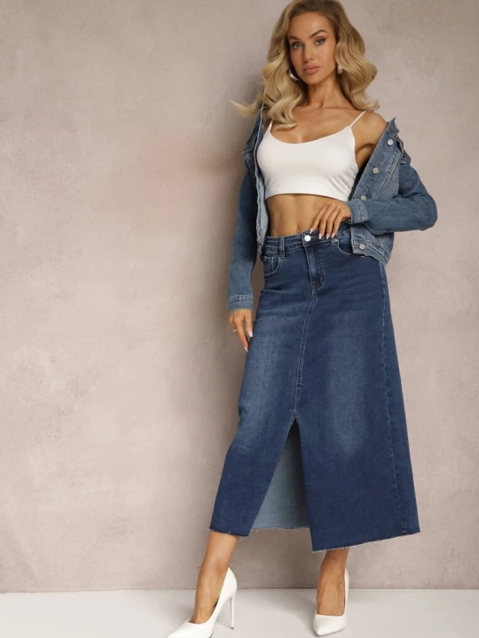 Zdjęcie produktu Granatowa Spódnica Maxi z Rozcięciem z Jeansu Vonuline Hello Miss