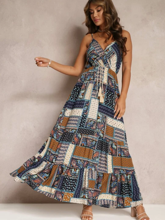 Zdjęcie produktu Granatowa Wiskozowa Sukienka o Kopertowym Kroju w Print Patchwork Grehan Rosa