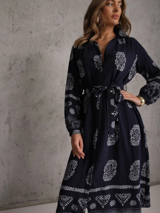 Zdjęcie produktu Granatowa Sukienka Koszulowa Wiązana w Pasie w Stylu Boho Rorisha Unigirl