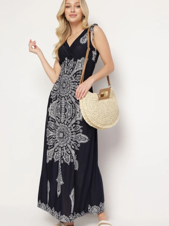 Zdjęcie produktu Granatowa Sukienka w Stylu Boho z Gumką w Pasie i Troczkami na Ramionach Aretava Generation