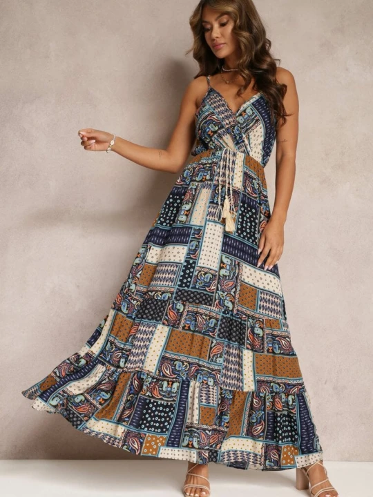 Zdjęcie produktu Granatowa Wiskozowa Sukienka o Kopertowym Kroju w Print Patchwork Grehan Rosa
