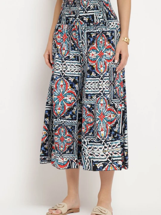 Zdjęcie produktu Granatowe Bawełniane Spodnie Culotte z Wysokim Stanem i Gumką w Talii w Boho Stylu Olovia Defox