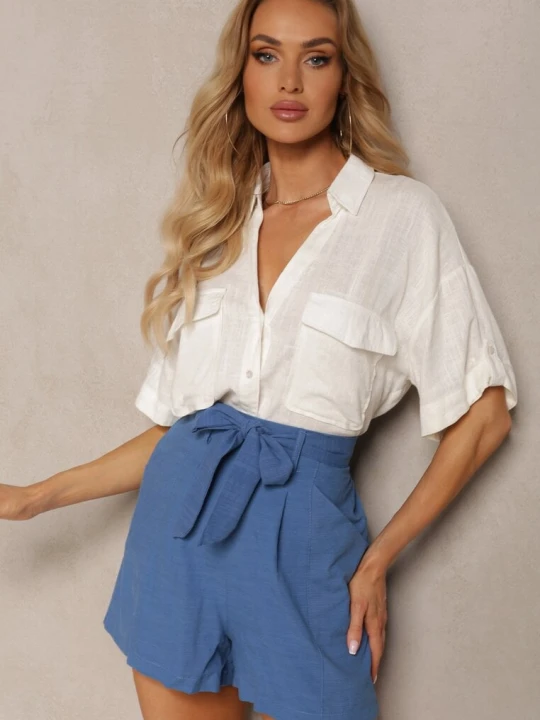 Zdjęcie produktu Granatowe Casualowe Szorty w Stylu Bermudów z Bawełny z Materiałowym Paskiem i Wszytą z Tyłu Gumką Lovanara Melya By Melody