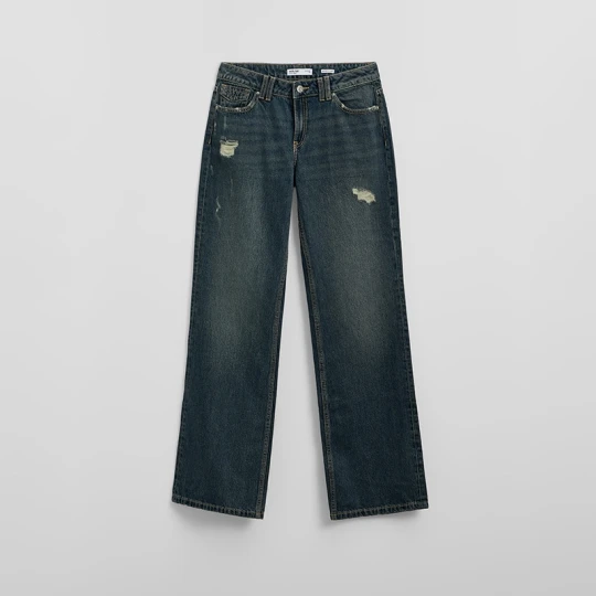 Zdjęcie produktu Granatowe jeansy dzwony bootcut z dziurami i dżetami na tyle House