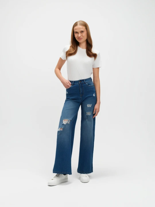 Zdjęcie produktu Granatowe jeansy wide leg z przetarciami TOP SECRET Niebieski