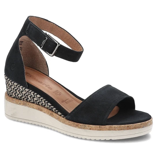 Zdjęcie produktu Sandały damskie Tamaris, naturalna skóra zamszowa z paskiem wokół kostki zapinanym na klamrę, navy, 1-28313-28-805 granatowy
