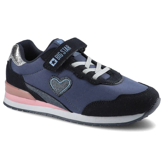 Zdjęcie produktu Sneakersy damskie Big Star, z ozdobnym serduszkiem rzepem i elastycznymi gumkami na lekkiej podeszwie, granatowe, HH374110