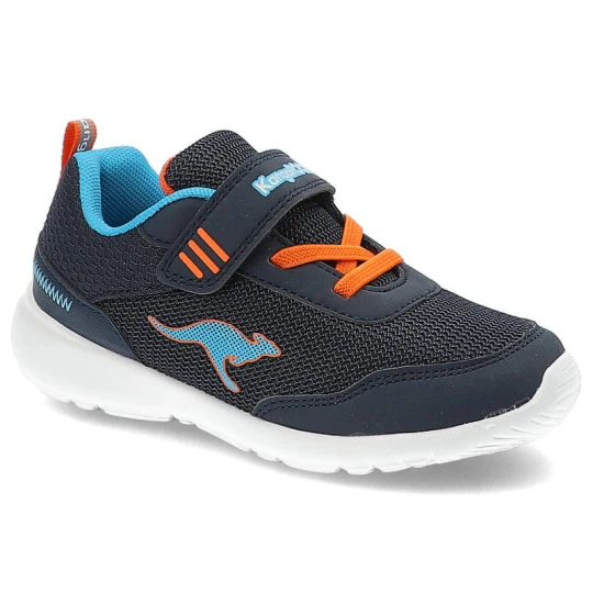 Zdjęcie produktu Sneakersy dziecięce Kangaroos, cholewka z materiału tekstylnego o siateczkowej strukturze z zapięciem na rzep i elastycznymi sznurkami wzmocniona prz granatowy