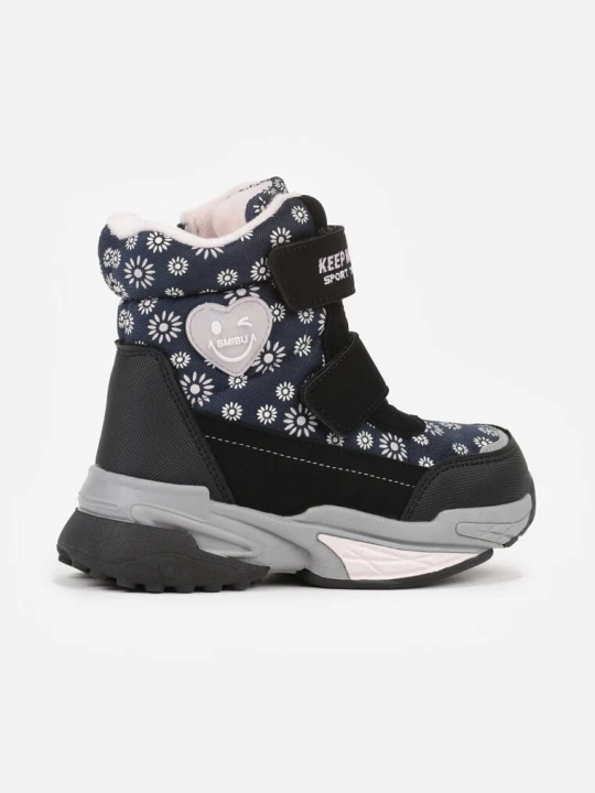 Zdjęcie produktu Granatowe Śniegowce w Kwiatki z Sercem i Napisem Alwedina Ht Kids Shoes