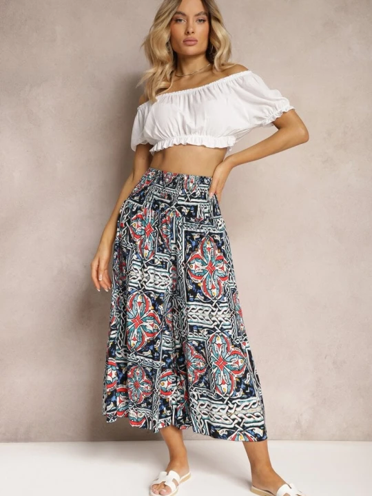 Zdjęcie produktu Granatowe Spodnie Kuloty z Bawełny High Waist z Gumką w Pasie Palovia Defox