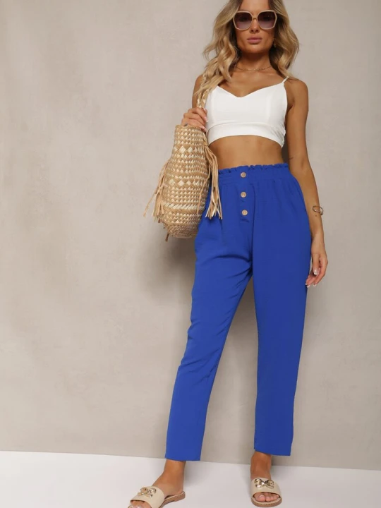 Zdjęcie produktu Granatowo-Niebieskie Spodnie Typu Paper Bag High Waist z Gumką w Talii Salvavia Cflo