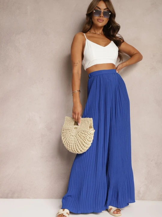 Zdjęcie produktu Granatowe Szerokie Spodnie z Plisami High Waist Mirealli Melya By Melody