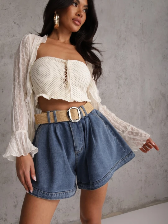 Zdjęcie produktu Granatowe Szorty Jeansowe High Waist z Bawełny z Elastycznym Paskiem Tinreia Elsa.m By May