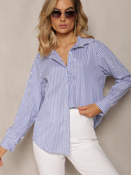 Zdjęcie produktu Granatowo-Biała Koszula o Klasycznym Fasonie z Guzikami w Paski Adetia New Collection